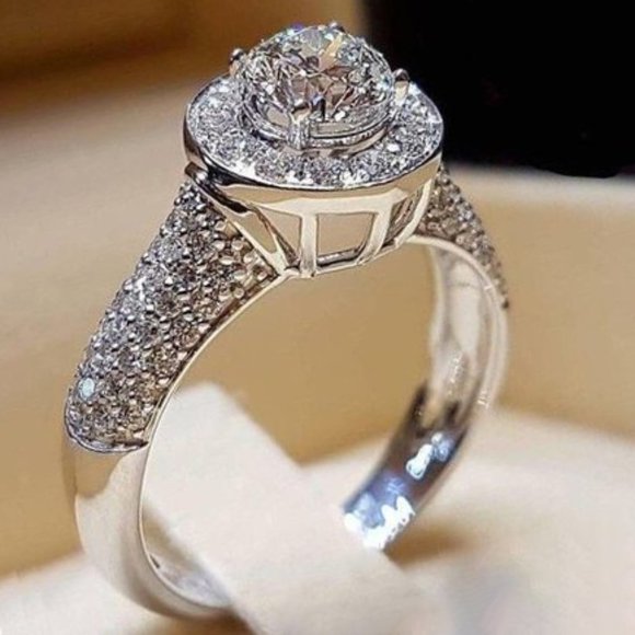 Jewelry - Shiny Wedding CZ Micro Pave CZ Super Large CZ Luxury Silver Ring, UNVN12311